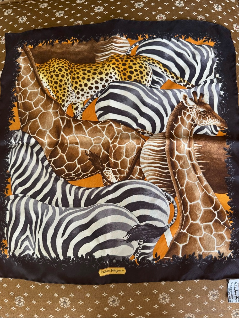 Salvatore Ferragamo 100% Silk Animal Print Scarf - Brown, Black & Orange